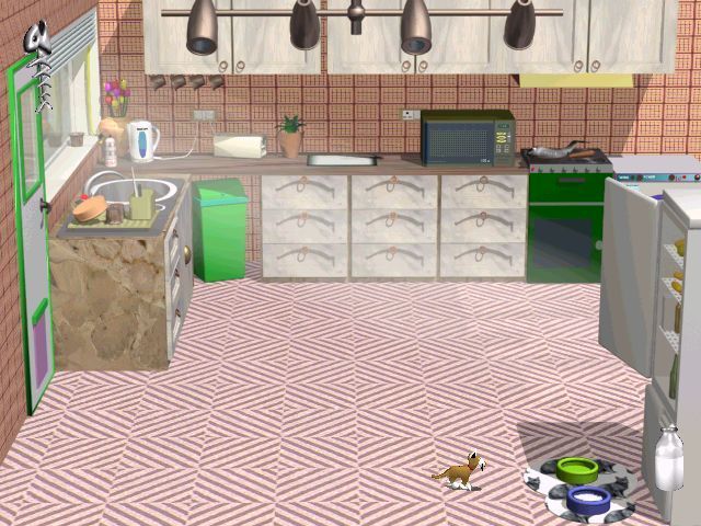 3D Pets: Splat! The Cat (Windows) screenshot: In the kitchen, just fed the cat some milk from the fridge.