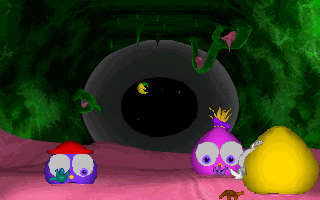 SpaceKids (DOS) screenshot: Cut-scene: The moon-beings return home with Grandpa and a hold full of strawberry ice cream.