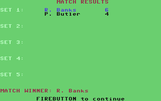 Serve & Volley (Commodore 64) screenshot: Results of the match during tournament.