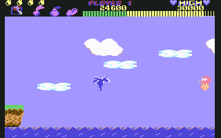 Wonder Boy (Commodore 64) screenshot: Tom-Tom decides to take a dip in the ocean