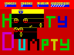 Engineer Humpty (ZX Spectrum) screenshot: The more the spanner moves around the screen the more of the level becomes visible. Contact with any piece of machinery breaks the spanner taking the player back to game screen 1