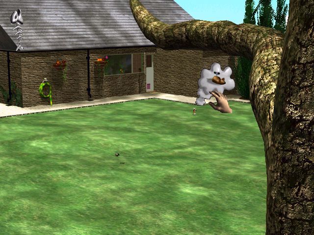 3D Pets: Splat! The Cat (Windows) screenshot: This is the garden. The hose pipe can be used to water the lawn.<br>The cat is quite far away and is thinking that it wants to play with its toy mouse