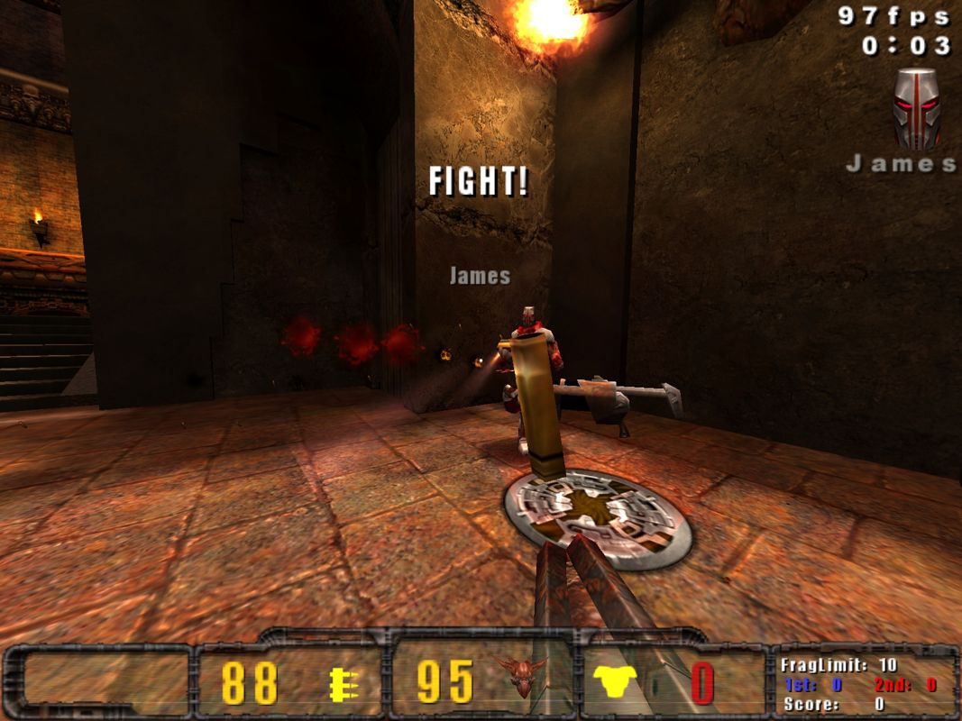 Quake III: Team Arena (Windows) screenshot: In two seconds he will have the rail and in three seconds I'll be dead.