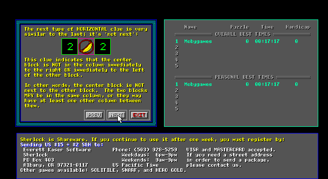 Sherlock (DOS) screenshot: The instructions screen explaining horizontal clues