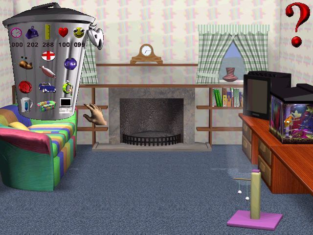 3D Pets: Splat! The Cat (Windows) screenshot: The TV room. The TV can be turned on and the fire can be lit. The bin shows cat stats on the top row, six location icons at the bottom while in the middle are three toys/treats. The red cross heals.