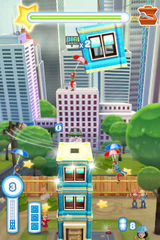 Tower Bloxx Deluxe 3D (iPhone) screenshot: As you build, people enter your building.