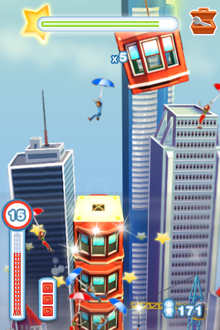 Tower Bloxx Deluxe 3D (iPhone) screenshot: Red towers can be built even taller.