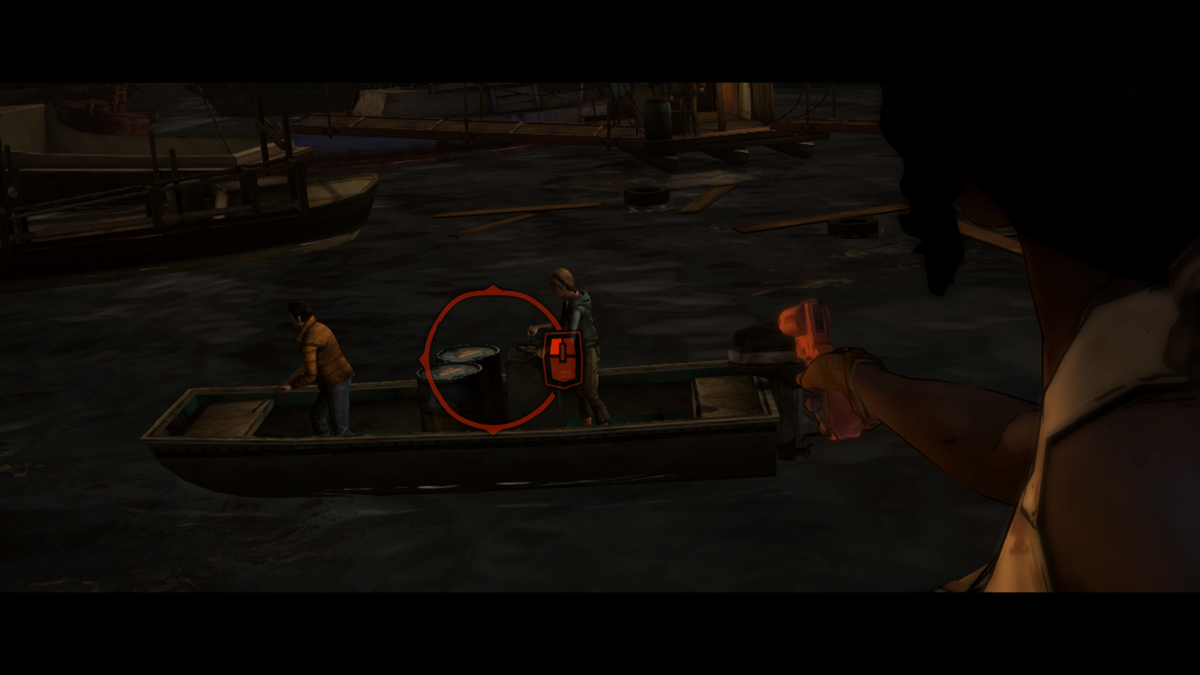 The Walking Dead: Michonne (Macintosh) screenshot: Episode 2 - Using a flare gun to blow up a boat