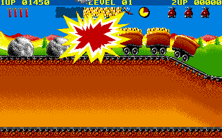 Guldkorn Expressen (DOS) screenshot: Crashed into a big rock on the track.