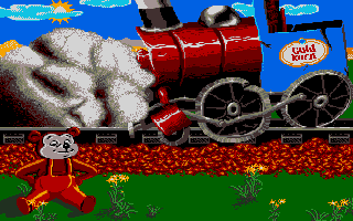 Guldkorn Expressen (DOS) screenshot: Puff outside of the derailed train.