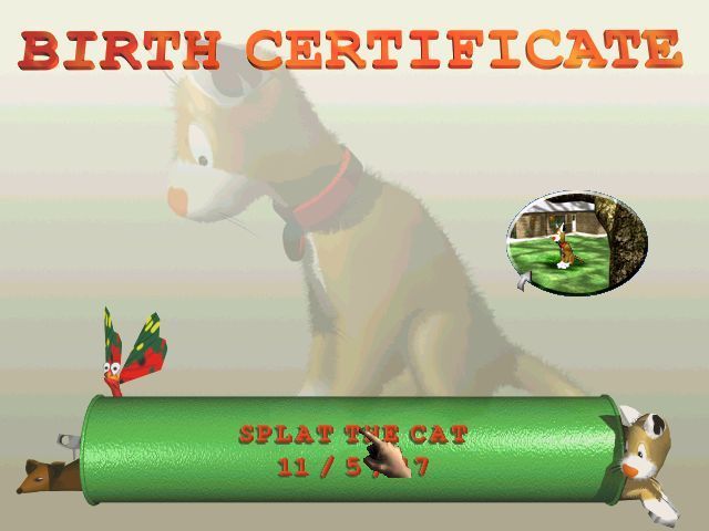 3D Pets: Splat! The Cat (Windows) screenshot: When the cat has hatched it gets its own birth certificate. At this point the cat's name can be changed.<br>Clicking on the oval window, mid right, goes to the garden location