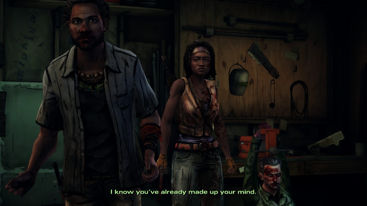 The Walking Dead: Michonne (Macintosh) screenshot: Episode 2 - Pete seems to disagree with me a lot, but I wonder if his way would ever work