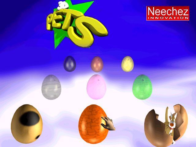 3D Pets: Splat! The Cat (Windows) screenshot: The player starts by hatching an egg, initially this is the only egg that is available.<br>The 3D Pets logo bounces around the upper part of the screen quite quickly