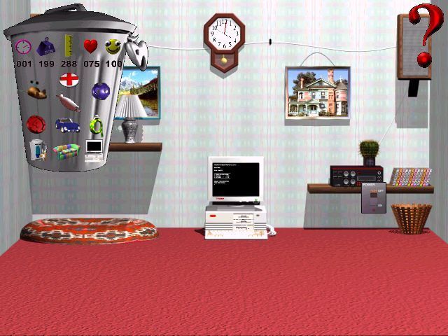 3D Pets: Splat! The Cat (Windows) screenshot: The computer room. The PC is booting up. The cursor is over the stereo and has turned into a switch, this means the device can be turned on. Doing so plays in-game music