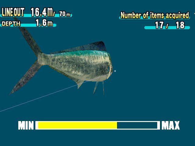 SEGA Marine Fishing (Windows) screenshot: Once the fish is on the line the player has to manage the line tension while reeling the beast in