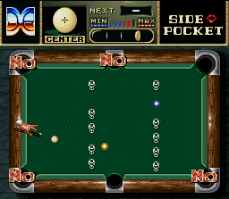 Side Pocket (SNES) screenshot: Trick Game demonstration: don't break nothing, OK?