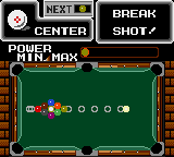 Side Pocket (Game Gear) screenshot: 9-Ball game start: when preparing a shot, the "ghost ball" line marks where the white ball will go.