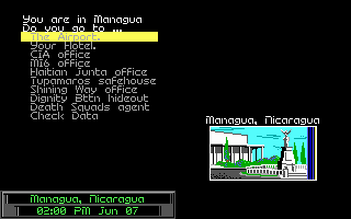 Sid Meier's Covert Action (DOS) screenshot: Each city has a variety of places that can be investigated, based on the best available intelligence. The CIA and MI6 maintain a branch office at every city in the game.