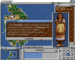 Sid Meier's Colonization (Amiga) screenshot: Keeping on the friendly side of the native's has its benefits and of course you don't need lots of soldiers