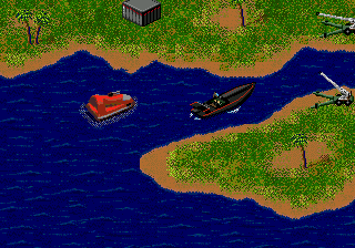 Jungle Strike (Genesis) screenshot: Persue the bad guys in your hovercraft!