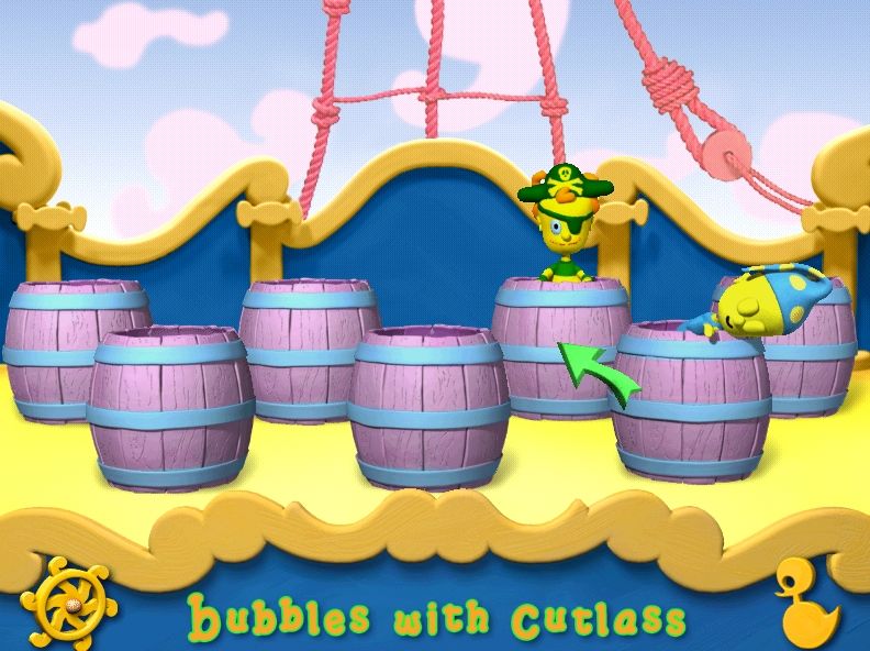 Yoho Ahoy: All Aboard! (Windows) screenshot: The Game Selection screen<br>The wheel (lower left) exits the game, the duck (lower right) brings up a help screen - see next screenshot