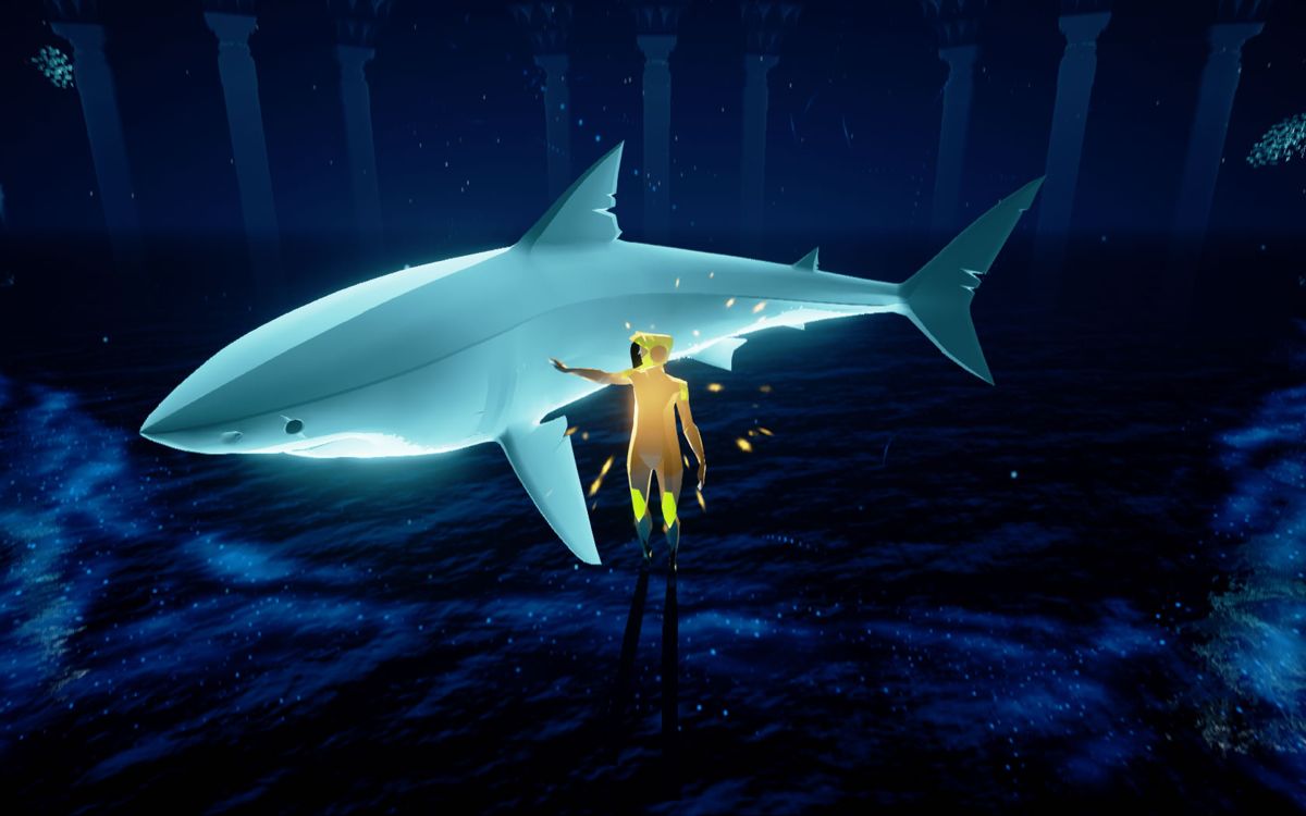 Abzû (Windows) screenshot: Meeting the white shark.