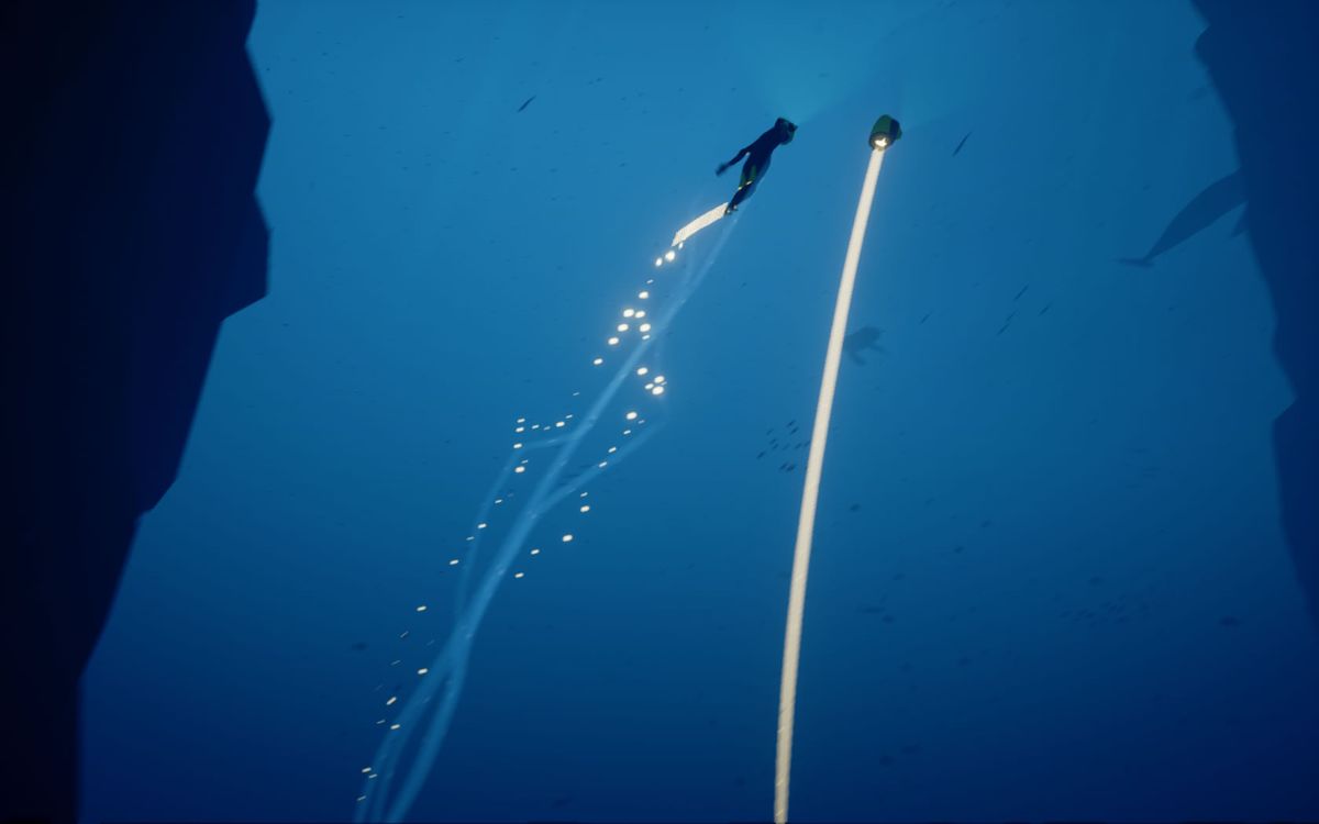 Abzû (Windows) screenshot: Swimming up with a boost accompanied by a drone.