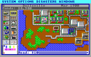 SimCity (DOS) screenshot: The Dullsville scenario (Tandy/PCjr)