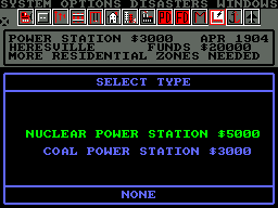 SimCity (Amstrad CPC) screenshot: What power plant should I build?