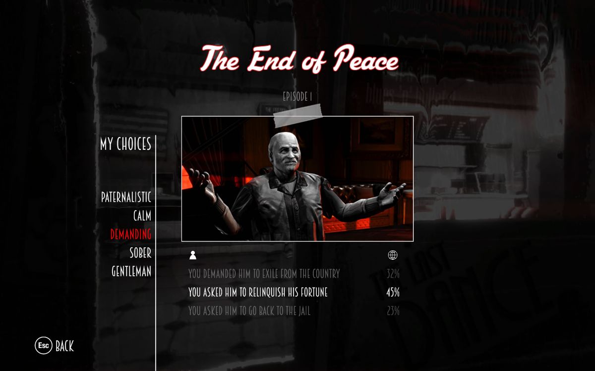 Blues and Bullets: Episode 1 - The End of Peace (Windows) screenshot: Overview of some of the important choices with percentages showing the decisions worldwide.