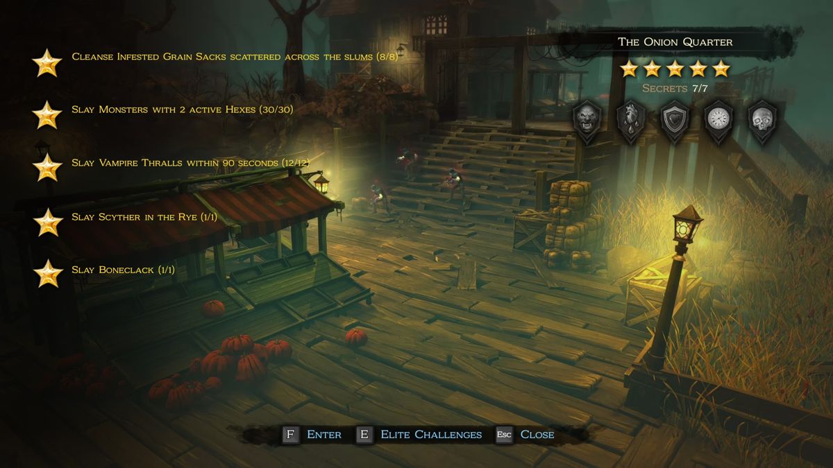 Victor Vran (Windows) screenshot: Each area has a set of challenges to achieve