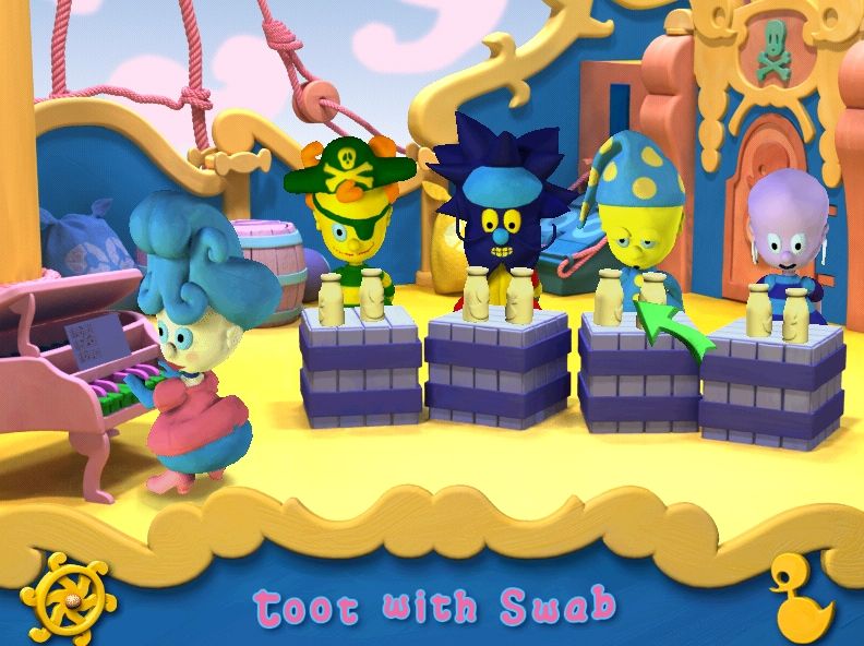 Yoho Ahoy: All Aboard! (Windows) screenshot: Toot with Swab: The music game. Clicking on a bottle makes the pirate blow on his bottle to make a note. Booty meanwhile is playing what sounds like a harpsichord