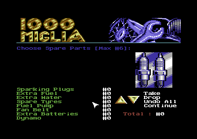 1000 Miglia (Commodore 64) screenshot: Make sure to carry the right spares