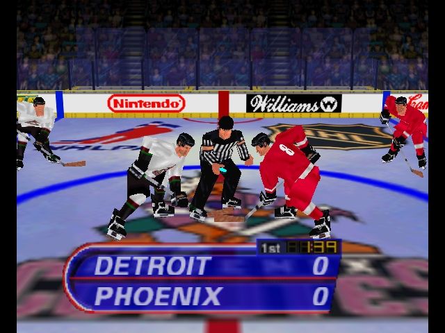 Wayne Gretzky's 3D Hockey (Nintendo 64) screenshot: The referee will toss down the puck.