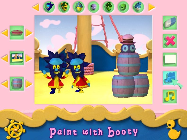 Yoho Ahoy: All Aboard! (Windows) screenshot: Paint with Booty: The player places objects and characters onto the screen. Characters can be used full on or in profile. The camera button animates the characters