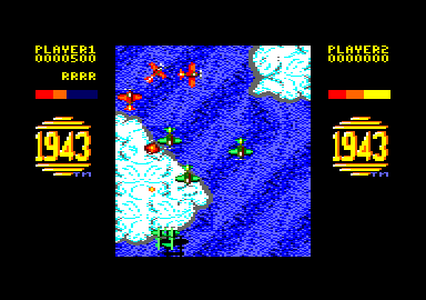 1943: The Battle of Midway (Amstrad CPC) screenshot: Shoot the planes. Shoot all red planes for some bonuses