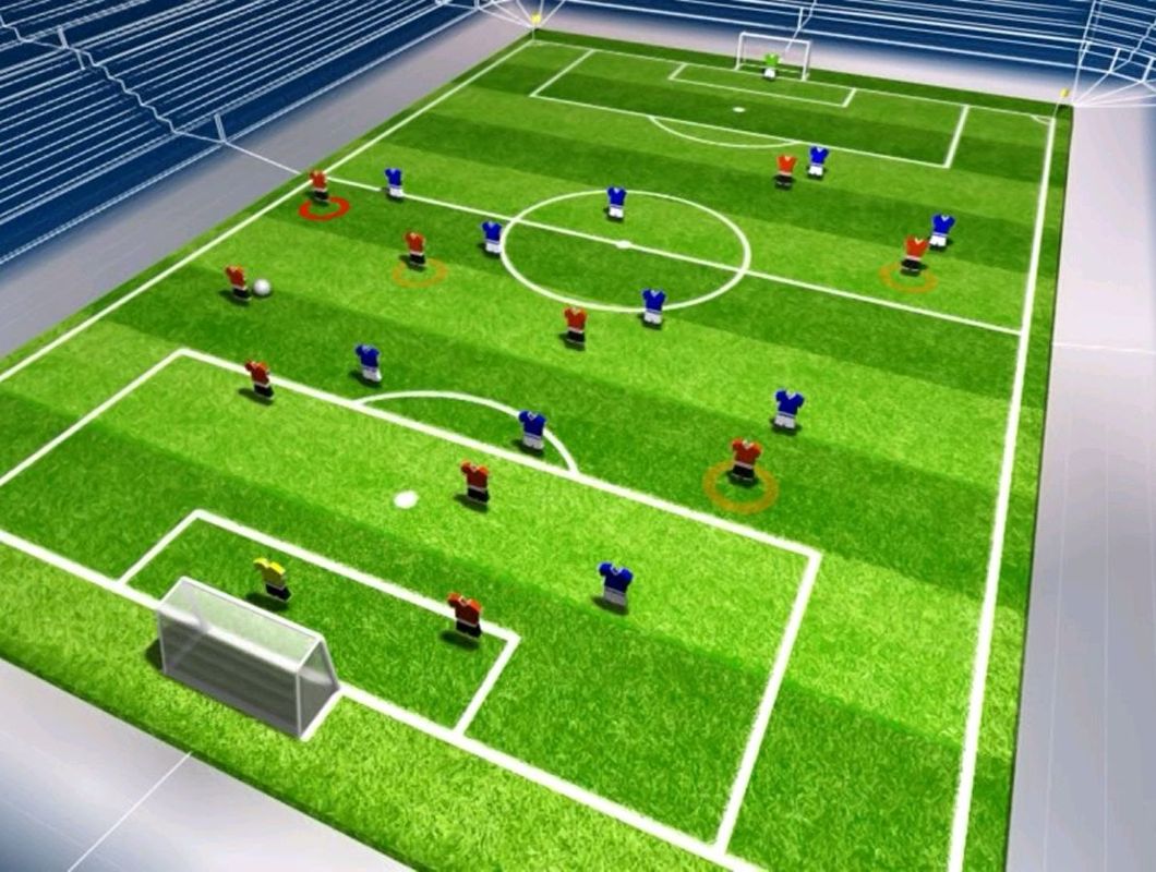 2006 FIFA World Cup (DVD Player) screenshot: Playing a game: The virtual stadium, the player has control and the four passes that can be made are ringed in orange