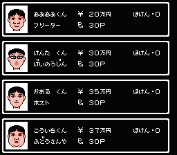 1999: Hore, Mita koto ka! Seikimatsu (NES) screenshot: Statistics of the four competitors