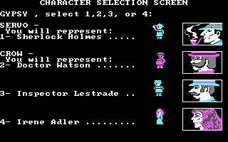 221 B Baker St. (DOS) screenshot: Character selection (CGA)