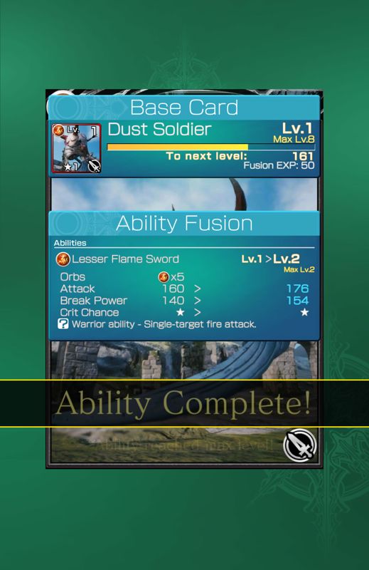 Mobius Final Fantasy (Android) screenshot: The card (ability) fusion is complete.