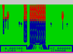 Deathchase (ZX Spectrum) screenshot: Crashed to one of many trees
