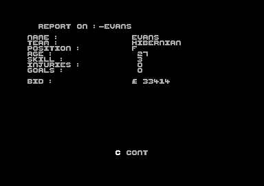 2 Player Soccer Squad (Commodore 64) screenshot: Report on Evans