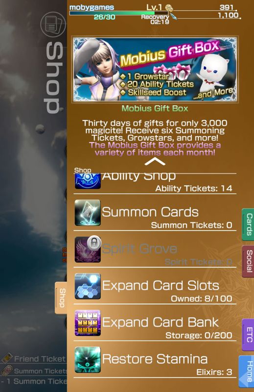Mobius Final Fantasy (Android) screenshot: Main shop screen