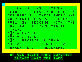 3D Space Wars (Dragon 32/64) screenshot: Instructions while the game is loaded