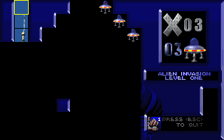 5X (DOS) screenshot: Playing the Alien Invasion level.