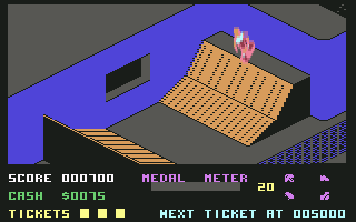 720º (Commodore 64) screenshot: Learning on a half-pipe (U. S. Gold)