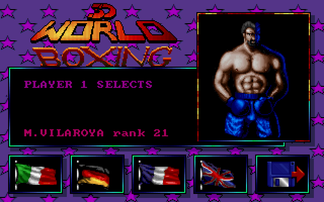 3D World Boxing (DOS) screenshot: Menu, choose your language and boxer
