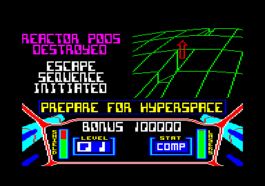 3D Starstrike (Amstrad CPC) screenshot: The reactor pods are destroyed. Prepare to escape.