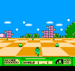 3-D WorldRunner (NES) screenshot: Worldrunning between enemies