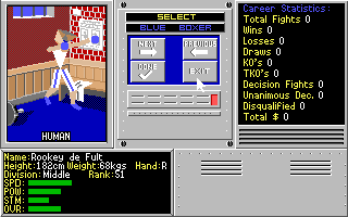4-D Boxing (Amiga) screenshot: Choosing your boxer and viewing his stats